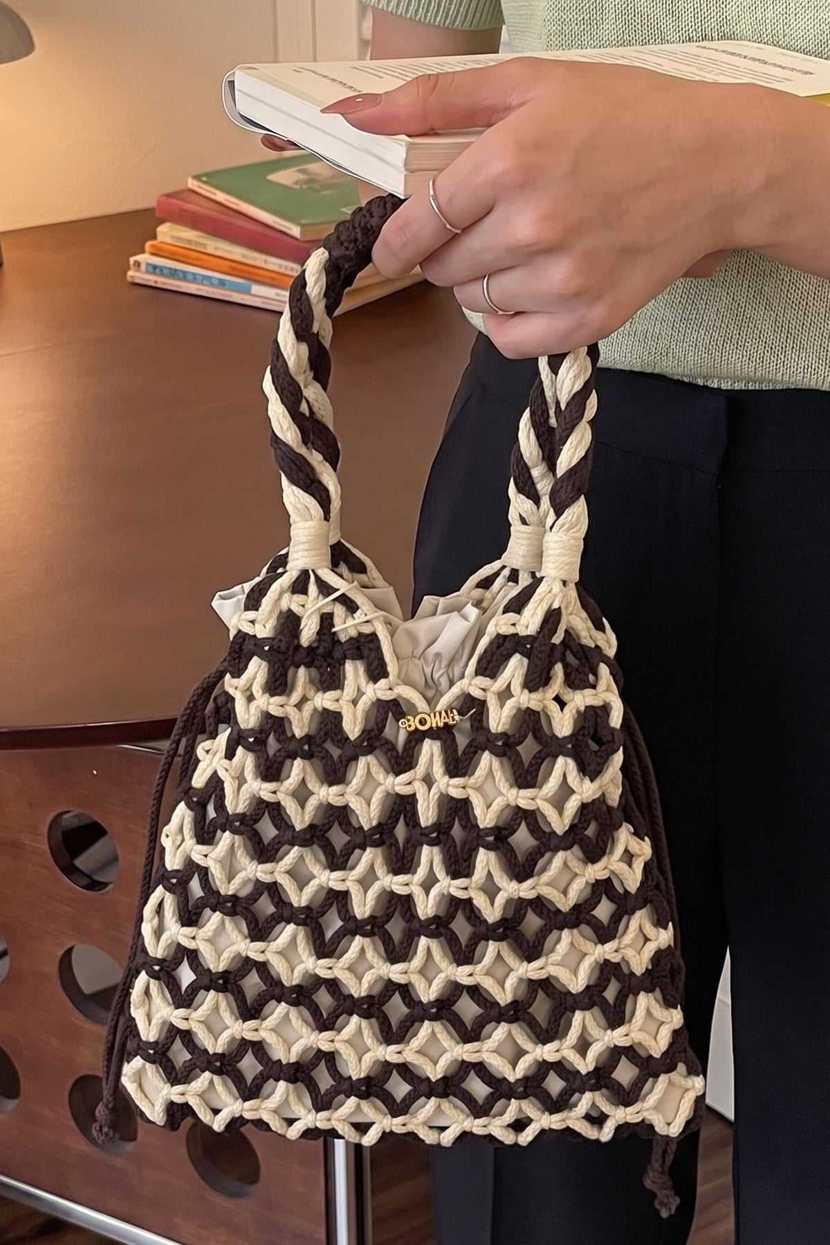 Bolso Macramé Bicolor – Chocolate y Marfil